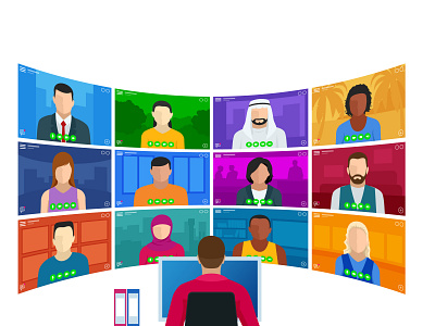 Isometric video conference. Online meeting work form home. Home call chat class conference home isometric meeting online remote teleconference video virtual work zoom