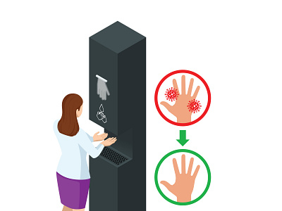 Isometric automatic alcohol hand sanitizer dispenser protection alcohol antibacterial antiseptic automated automatic covid 19 dispenser female flat gel hand icon isometric sanitizer soap vector virus wall wash woman