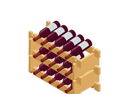 Isometric Red wine bottles stacked on wooden racks.