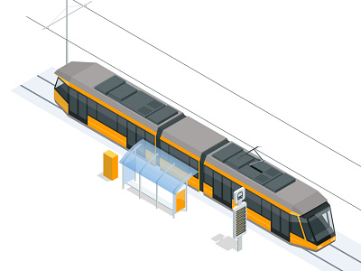 Tram on the stop. Tram stop isometric icon set vector graphic il illustration isometric light rail train tram tramcar tramway transport transportation travel urban vector vehicle