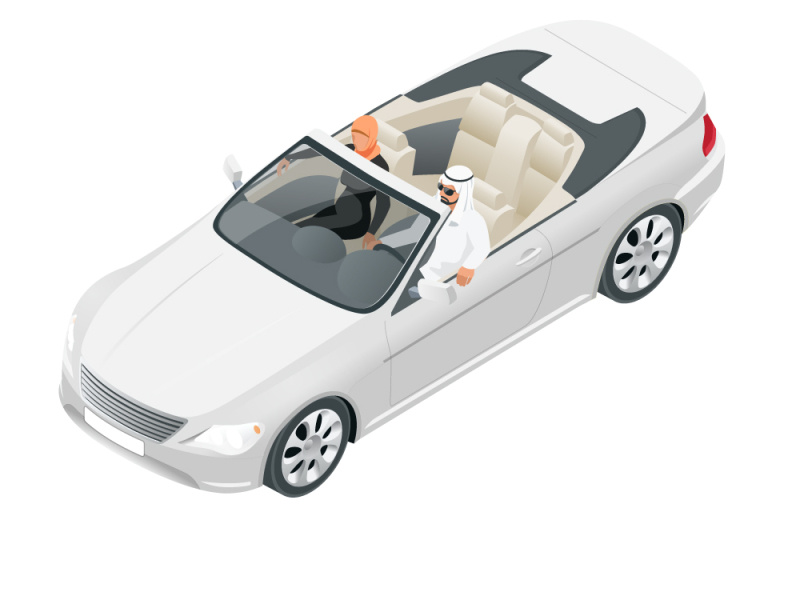 Isometric man in arabic clothing and a woman in a convertible by Golden