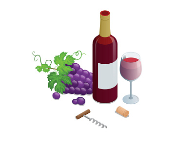 Isometric Bottle of red wine, bunches of wine grapes and glass o alcohol background bar bottle celebration drink food glass illustration isolated isometric party red restaurant tasting vector vineyard white wine winery