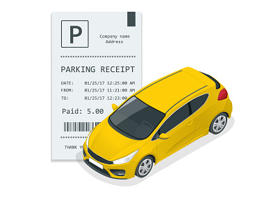 Parking Receipt and car branding car flat illustration isometric mobile parking receipt vector