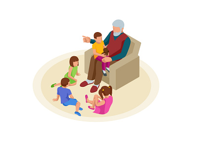 Grandfather sits in an armchair and tells a story to his grandch armchair children grandchildren grandfather illustration isometric room sitting story vector