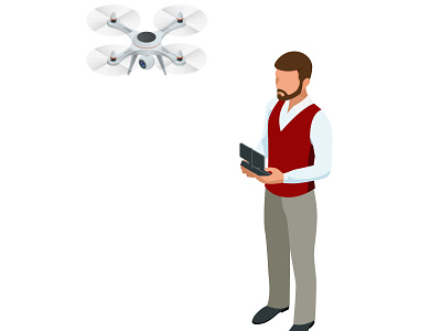Isometric man with drone quadrocopter, Remote aerial drone with aerial air aircraft background camera concept control delivery design drone flat fly icon illustration innovation isometric remote technology vector vehicle
