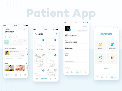 Patient App android app blue blue and white homepage ios more patient profile records ui uidesign uiux ux uxdesign