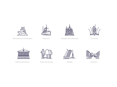 Icons for the tourist site of St. Petersburg bridges channel city fountain icon illustration logo museums outline icon palace park square temple tourism vector