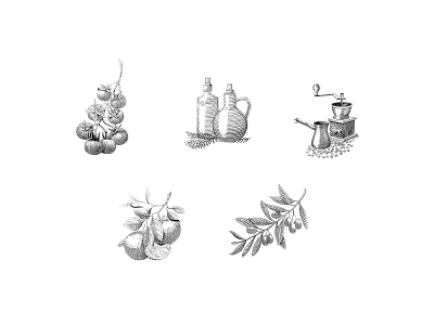 Set of engravings for the site “Guests” #1 branding cafe engraving icon illustration logo olive oil orange restaraunt set sketch tomatoes