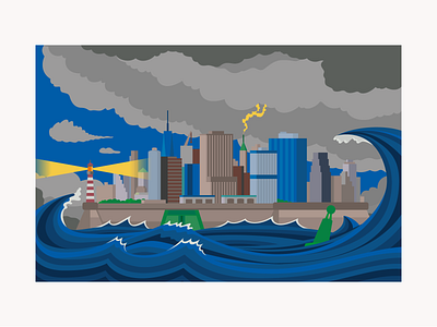 How New York is preparing against climate change architecture climate change dark ecology flat hurricane illustration illustrator lighthouse new york new york city storm thunder vector waves