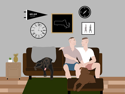 Dan and Tim couch couple design dogs family gallery wall happy illustration lgbtq