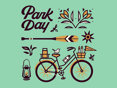 Park Day Collection bee bike collection flat vector flowers illustration lettering nature outdoors outside park plants print type typography