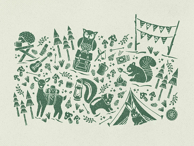 Campsite Cronies animals camping illustration linocut nature owl party pattern scene skunk tent vintage woodland