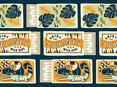 Wild Ride Matchbox Covers bird illustration jungle lemur matchbox pattern plants print safety matches snake typography vintage wild