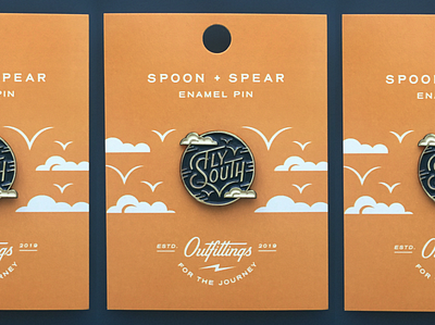 Fly South Pin & Backing Card badge birds clouds enamel pin fly illustration lapel pin packaging product south travel type typography