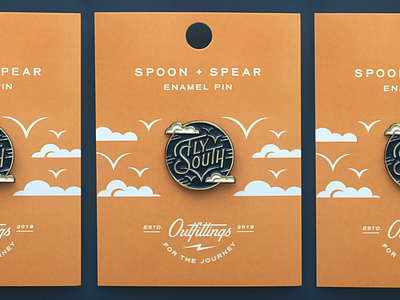 Fly South Pin & Backing Card badge birds clouds enamel pin fly illustration lapel pin packaging product south travel type typography