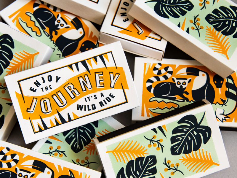 Wild Ride Matchboxes journey jungle lemur matchbox matches monstera leaves packaging print toucan tropical type typography