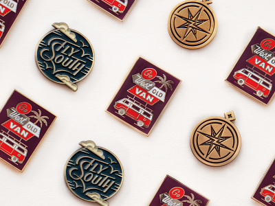 Exploration Pin Series compass enamel pin fly south illustration lettering merchandise old van print type lockup typography west coast