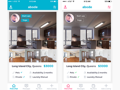 Find a Pad abode apartments app cards clean flat home ios pad rent ui ux