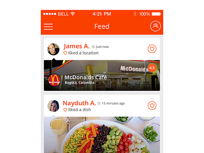 Feed activity app cards clean delivery feed flat food ios ui ux