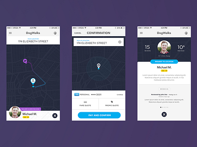 Dog Walkers clean dog flat ios location payment profile uber ui ux walkers