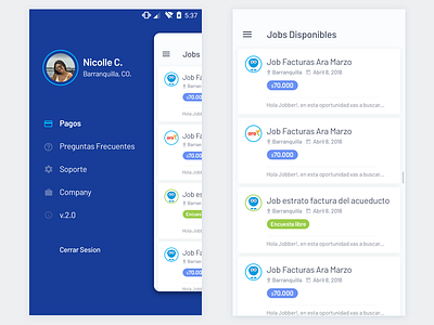 Jobber android app card job jobber listing menu sidebar ui ux