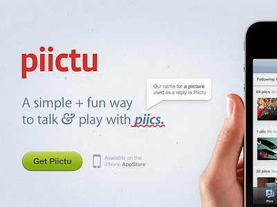 Piictu website's header app appstore button chat bubble hand header iphone myriad texture tilde web whitespace
