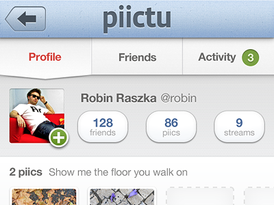 Piictu: User Profile app buttons friends ios labels piictu tabs thumbs titlebar user profile