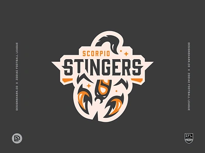 Zodiac Football League | Scorpio Stingers (8/12) astrology badge logo bold brand identity branding clean lines football illustration league logo logo design logotype orange scorpio scorpion sports branding sports logo uniform design vector illustration zodiac sign