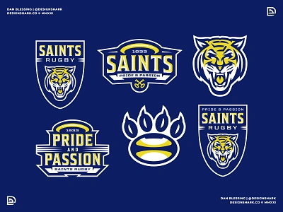 Saints Rugby | Full Case Study Link in Caption badge logo branding crest custom type illustration logo mascot design mascot logo rugby rugby branding rugby team sports sports branding sports illustration sports logo tiger tiger logo vector