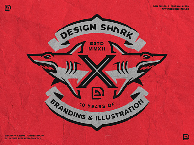 10 Years of Design Shark® badge badge design bold branding clean design design studio graphic design illustration logo personal branding ribbon shark shark badge shark branding shark illustration shark logo vector