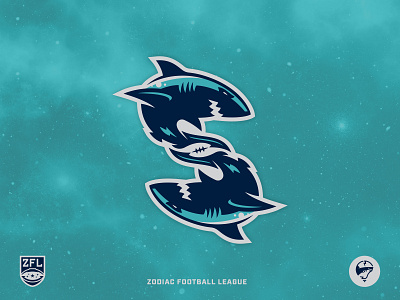ZFL | Pisces Sharks brand identity clean crest football illustrator logo design modern pisces shark sports branding vector zodiac zodiac football league zodiac signs