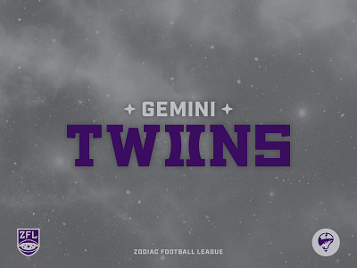 ZFL | Gemini Twins Wordmark astrology branding design football gemini grey identity illustrator league letter monogram monogram logo purple sports branding typography vector wordmark