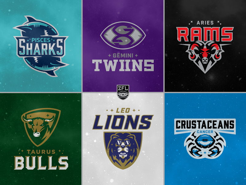 ZFL | First Six Teams (Half) astrology badge design branding bull crab crest logo custom type custom wordmark logotype football identity league lion head ram shark sports sports branding sports design star vector zodiac