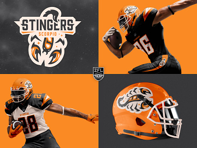 ZFL | Scorpio Stingers Visual Identity astrology badge logo bold branding football football logo identity league logo logo design orange scorpio scorpion sports sports branding sports logo typogaphy vector zodiac zodiac sign