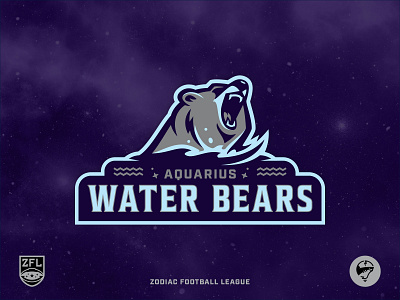 ZFL | Aquarius Water Bears Primary aggressive logo aquarius astrology badge logo bear bear logo branding football identity league logo mascot logo purple sports branding sports logo vector zodiac