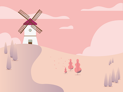 Windmill wallpaper art birds colors cute design flat flat design gradient graphic illustration inspiration minimal nature pink simple trees vector wallpaper wind energy windmill