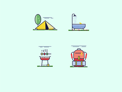Campsite icons blue camping campsite flat green red summer vector yellow