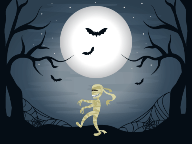 Zombie in the woods after affects animation bats characters creepy design giph halloween halloween design illustration illustrator moon spooky zombie