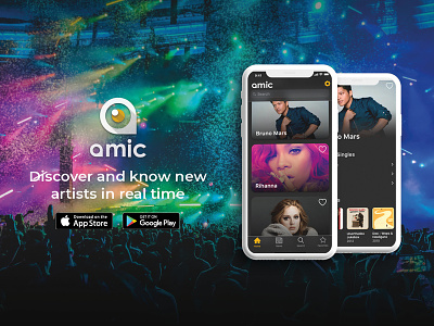 Amic, discover and know new artists in real time app branding design icon logo ui ux web