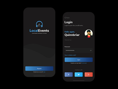 Local Events - Splash and Login - Dark Mode app app design application event event app event branding events login login design login form mobile app design mobile ui design register sign in sign up signup splash ui kit