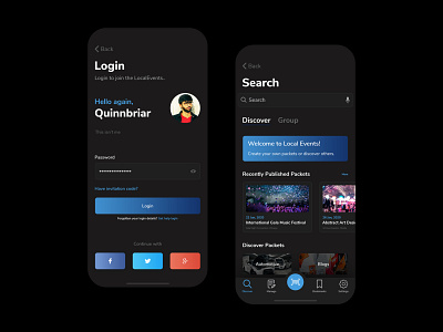 Local Events - Login and Listing - Dark Mode android app concert dance dark mode event event app event branding events events app ios login mobile app design mobile application modern register signin signup ui design uiux