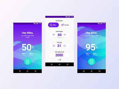 Water Balance App Concept android app balance concept design healtcare minimal app progress settings page simple tracker ui userexperience userinterface ux water waves