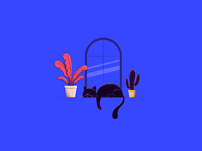 Lazy cat illustration plant vector window