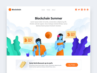 Blockchain Summer beach blockchain daily event exercise flat home illustration landing page party ui web