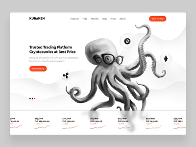 Crypto Web Page black white blockchain crypto design explorations illustration kraken landing octopus orange platform trading ui web web site