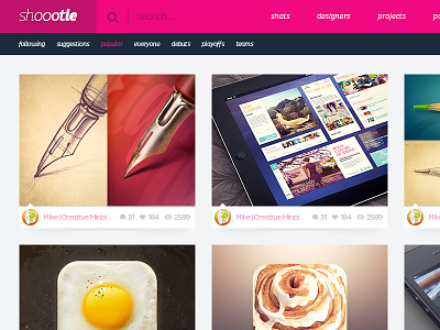 shoootle dashboard conception dashboard dribbble header logo menu navigation newsfeed pink search shot webdesign