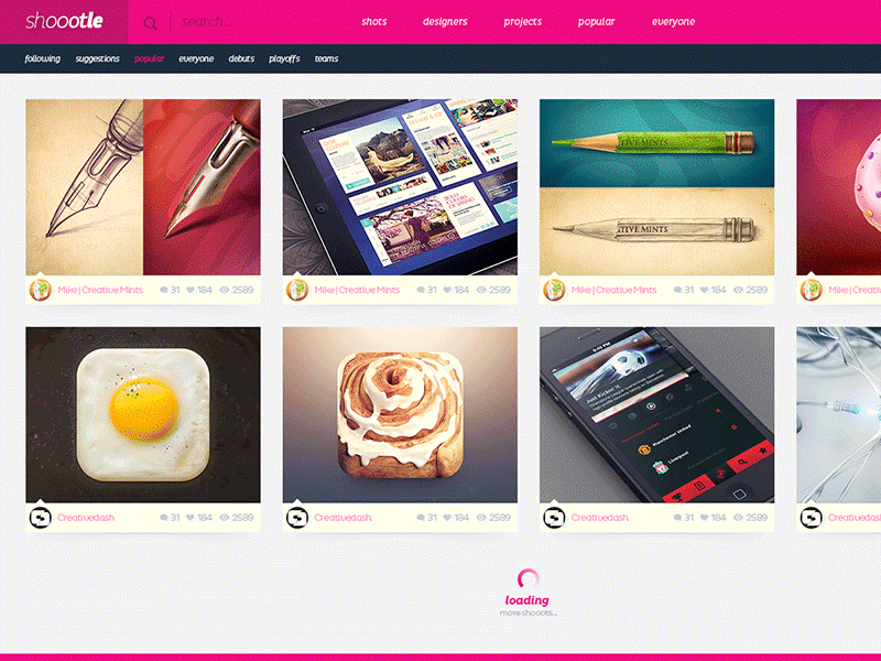 shoootle animation animation conception dashboard dribbble header logo navigation newsfeed pink search shot webdesign