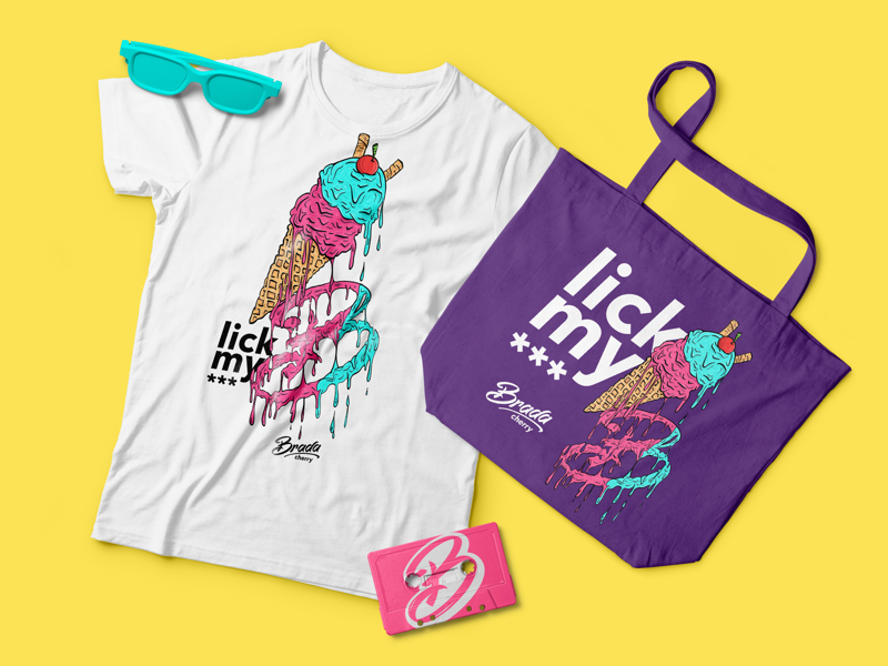 lick my 💥💥💥 streetwear collection bag sweet ice cream illustration pink purple yellow shirt streetwear brand clothing