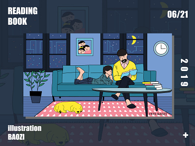 reaing illustration dog night reading reading reading book 插图