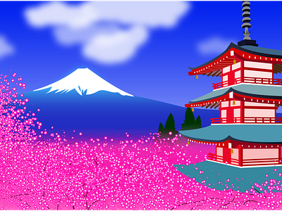 Mt. Fuji & Cherry Blossom/Japan Landscape Illustration